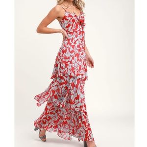 NWT Lulus Saturday Sunrise Red & Blue Floral Maxi